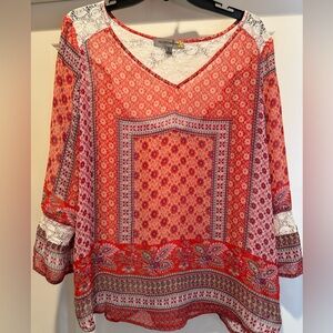 Paisley Sky style Vivid Orange Blouse with Cream Accents
